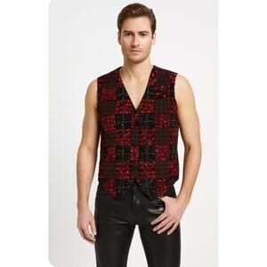 Red Black Sequin Beaded Black Vest Medium Plaid Unisex Halloween Goth Vegas